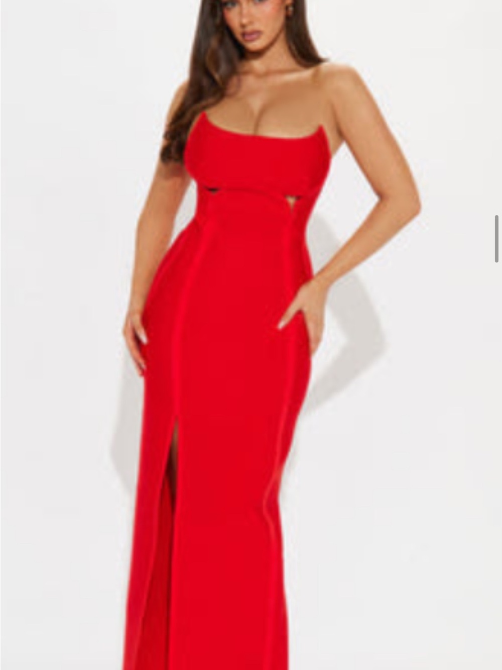 Fashion Nova Red Strapless Cutout Maxi Dress with Front Slit